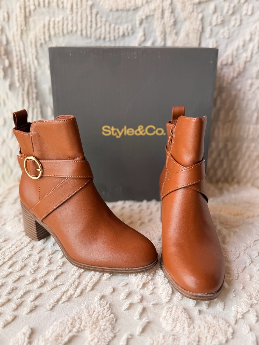 Style & Co. Cognac Wrap-Strap Ankle Boots with Gold Buckle 692
